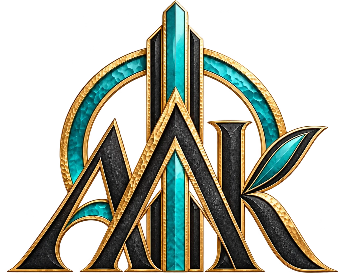 The AAK emblem: two A letterforms and a K in black stone and teal glass, edged in hammered gold, inside a gold ring